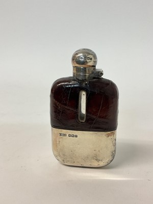 Lot 92 - Edwardian silver mounted glass and brown crocodile leather hip flask of small proportions (Sheffield 1909)