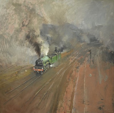 Lot 650 - John Osborne (b. 1939) oil on board - Steam Train, signed, 75cm x 75cm, framed