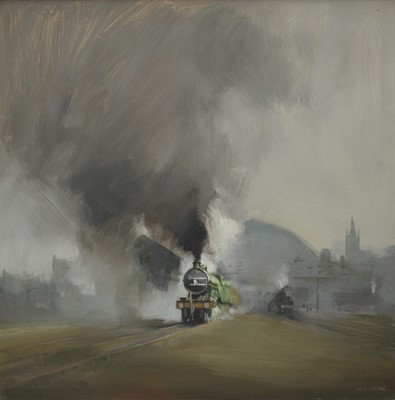 Lot 649 - John Osborne (b. 1939) oil on board - Steam Train leaving the city, signed, 75cm x 75cm, framed