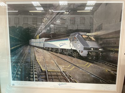 Lot 277 - A Terence Cuneo, colour print, signed, "Le Shuttle" in the Eurotunnel, signed, no. 363/850