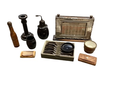 Lot 585 - Silver perpetual desk calendar, ebony items, costume jewellery, alcohol miniatures and other items.