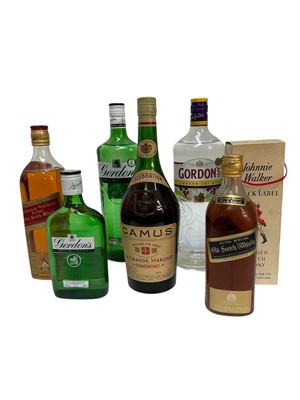 Lot 174 - Six bottles to include: Camus La Grande Marque Cognac, Johnnie Walker Red Label and Black Label Whisky and three bottles of Gordon's gin