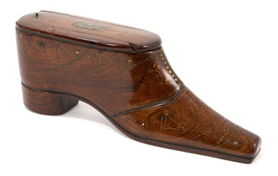 Lot 1036 - 19th century rosewood and brass inlaid snuff shoe of large size