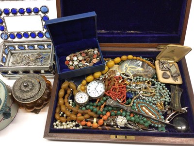 Lot 171 - Group of vintage costume jewellery, silver cased pocket watch and fob watch, bead necklaces and bijouterie