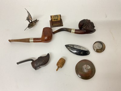 Lot 656 - Sundry items, including fossils, pipes, treen, white metal junk, etc