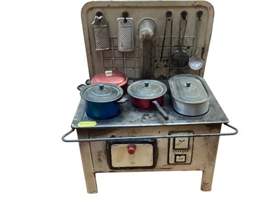 Lot 1756 - 1940's / 50's German tin plate kitchen stove by MFZ, with selection of pots, pans and other kitchen items, marked 'made in US Zone Germany'.