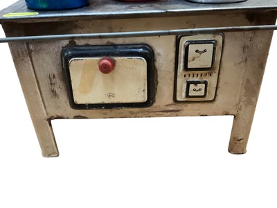 Lot 1756 - 1940's / 50's German tin plate kitchen stove by MFZ, with selection of pots, pans and other kitchen items, marked 'made in US Zone Germany'.