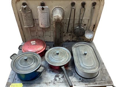 Lot 1756 - 1940's / 50's German tin plate kitchen stove by MFZ, with selection of pots, pans and other kitchen items, marked 'made in US Zone Germany'.