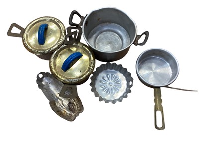 Lot 1756 - 1940's / 50's German tin plate kitchen stove by MFZ, with selection of pots, pans and other kitchen items, marked 'made in US Zone Germany'.