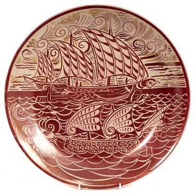 Lot 200 - William de Morgan ruby lustre 'galleon' charger, with monogram for Halsey Ricardo, Christie's 2003 label verso, 36cm diameter