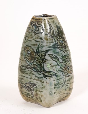 Lot 209 - Martin Brothers stoneware 'Aquatic' vase, late 19th/early 20th century, of square tapering form, decorated with grotesque fish and a crab, signed to base, 8.5cm high