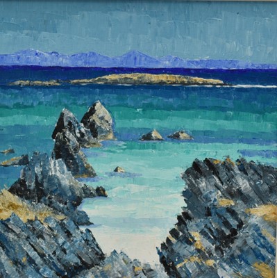 Lot 1385 - Alexandra Steel (b. 1946) acrylic on board - Iona, signed, 38cm x 38cm, in glazed frame