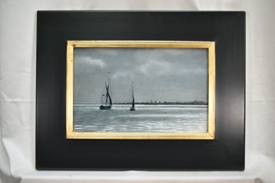 Lot 1386 - *Jacqueline Taber, oil on board - 'Evening Sail' bearing signature and Russell Gallery label to reverse, 20cm x 30cm, framed
