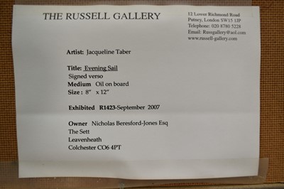 Lot 1386 - *Jacqueline Taber, oil on board - 'Evening Sail' bearing signature and Russell Gallery label to reverse, 20cm x 30cm, framed