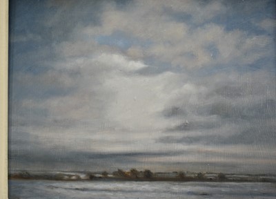 Lot 1387 - *Jacqueline Taber oil on board - ‘Snow Skies’, bearing signature and Russell Gallery label to reverse, 20cm x 25cm, framed