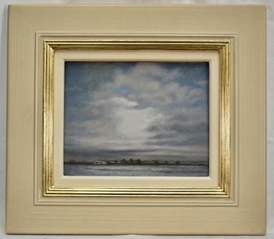 Lot 1387 - *Jacqueline Taber oil on board - ‘Snow Skies’, bearing signature and Russell Gallery label to reverse, 20cm x 25cm, framed