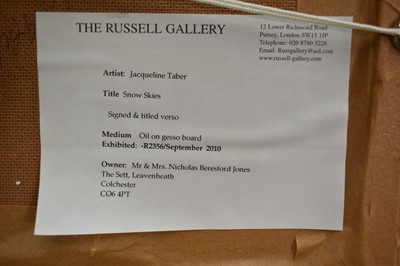 Lot 1387 - *Jacqueline Taber oil on board - ‘Snow Skies’, bearing signature and Russell Gallery label to reverse, 20cm x 25cm, framed