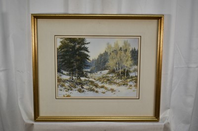 Lot 1233 - *Colin Burns (b.1944) watercolour - Capercaillie and Roe Deer in the snow, signed, 22.5cm x 30cm, in glazed gilt frame