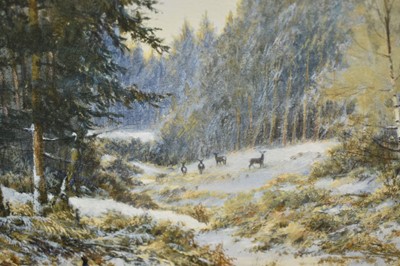 Lot 1233 - *Colin Burns (b.1944) watercolour - Capercaillie and Roe Deer in the snow, signed, 22.5cm x 30cm, in glazed gilt frame
