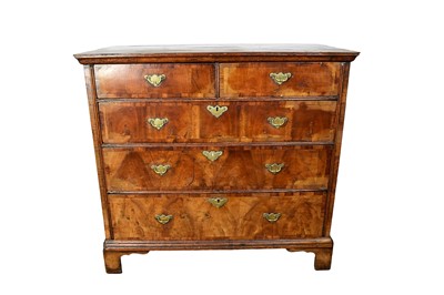 Lot 1584 - Early 18th century walnut veneered chest of two short and three long drawers on bracket feet