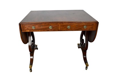 Lot 1587 - George III mahogany sofa table with two drawers on lyre end standards