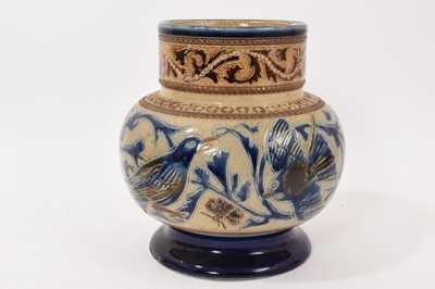 Lot 218 - C.J.C. Bailey Fulham stoneware pottery vase, decorated with birds perched amongst scrolling foliage, inscribed marks to base, 19cm high