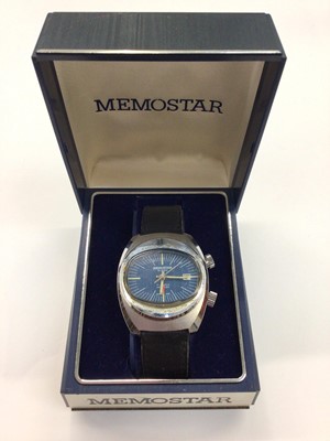 Lot 1005 - 1970s Memostar wristwatch with alarm mechanism and date, blue dial in stainless steel tonneau shape case on leather strap, with original box and original guarantee dated 1/4/76.