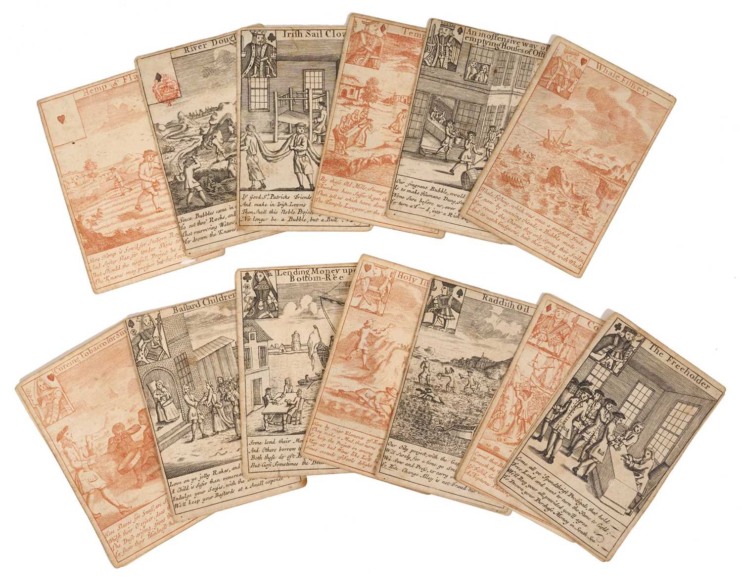 Lot Very rare part set of Thomas Bowles South Sea Bubble Stock-jobbing Cards, circa 1720