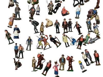 Lot 299 - Britains and other manufacturers, selection of lead figures including farm labourers, farmer, farmer's wife, milk maid, coalman, vicar, scarecrow, animals, fencing and trees (2 boxes).