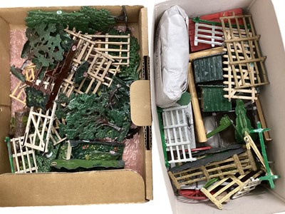 Lot 299 - Britains and other manufacturers, selection of lead figures including farm labourers, farmer, farmer's wife, milk maid, coalman, vicar, scarecrow, animals, fencing and trees (2 boxes).