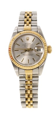 Lot 800 - Ladies' Rolex Oyster Perpetual DateJust bi-metal gold and stainless steel wristwatch, with box and papers.