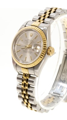 Lot 800 - Ladies' Rolex Oyster Perpetual DateJust bi-metal gold and stainless steel wristwatch, with box and papers.