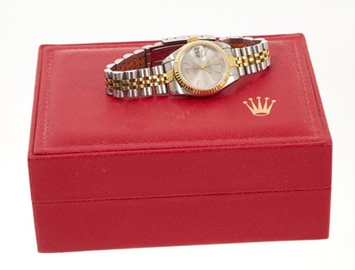 Lot 800 - Ladies' Rolex Oyster Perpetual DateJust bi-metal gold and stainless steel wristwatch, with box and papers.