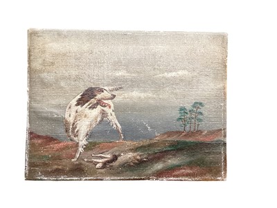 Lot 126 - English School 19th century, oil on canvas board, dog with a rabbit in a landscape, unframed. 15 x 20cm