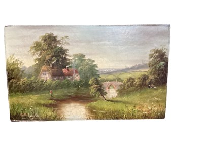 Lot 697 - L. Smyth, oil on canvas, river landscape with a figure by a cottage, signed, unframed. 31 x 51cm.