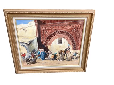 Lot 694 - John Parris, oil on board, Eastern scene with figures and camels by an archway, signed verso, in gilt frame. 50 x 60cm.