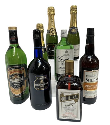 Lot 205 - Eight bottles: Glenfiddich Special Reserve, three half bottles of Champagne, Gordon's gin and others (8)