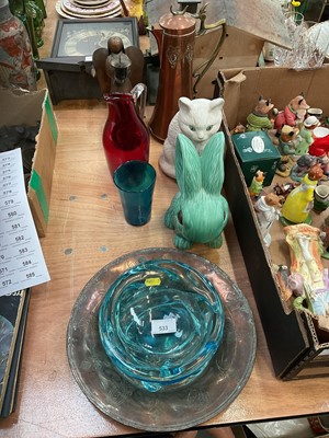 Lot 533 - Green Sylvac rabbit, Middle Eastern silvered copper dish and other ceramics and sundries.