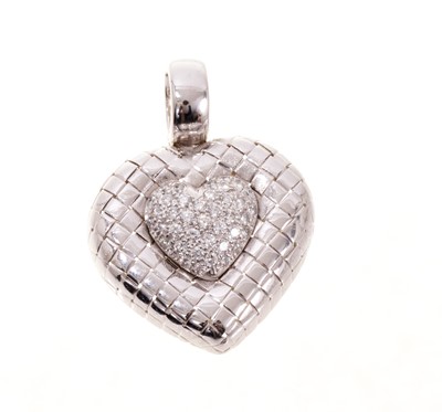 Lot 689 - Diamond heart shaped pendant with a pavé set cluster of brilliant cut diamonds in a woven 18ct white gold heart shaped mount