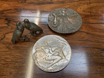 Lot 223 - Two bronze medallions and an Austrian cold painted bronze group of two birds