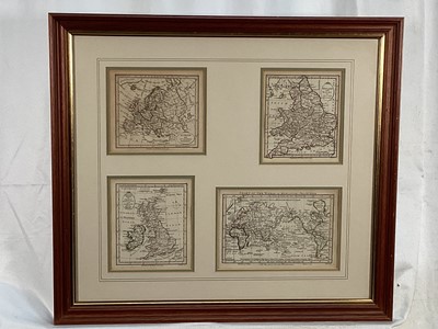 Lot 306 - Emanuel Bowen hand coloured engraved map - 'An Accurate Map of Devonshire', 40cm x 49cm, in glazed frame together with four small maps of Europe and The World framed toge...