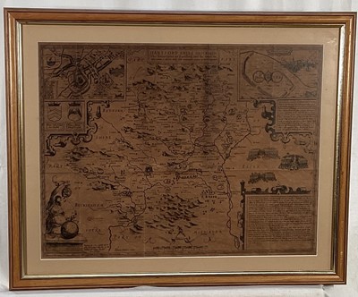 Lot 231 - John Speede engraved map - 'Hartfordshire Described, The sittuations of Hartford and the most ancient towne S Albons with such memorable actions as have happened', sold by John Sudbury and Georg...