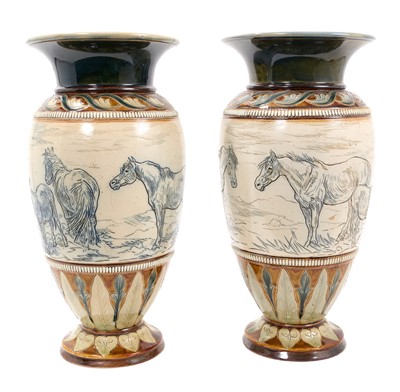 Lot 252 - Large pair of Hannah Barlow sgraffito vases with donkey and horse ornament