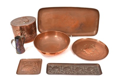 Lot 990 - Group of Arts and Crafts Newlyn and similar embossed copper items