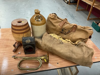 Lot 723 - Colchester interest- Nicholl & Co stoneware flagon, stoneware barrel, railway lamp dated 1941, bugle and canvas bags.