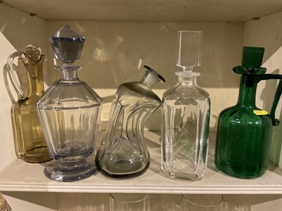 Lot 291 - Holmegaard grey tinted glass kluk kluk decanter, Art Deco purple tinted glass decanter, Art Nouveau gilded and jewelled glass decanter, pair of Vict...