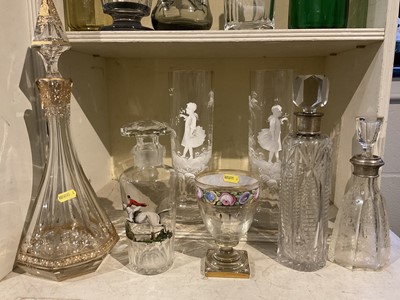 Lot 291 - Holmegaard grey tinted glass kluk kluk decanter, Art Deco purple tinted glass decanter, Art Nouveau gilded and jewelled glass decanter, pair of Vict...