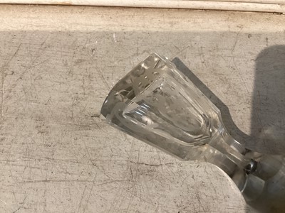 Lot 291 - Holmegaard grey tinted glass kluk kluk decanter, Art Deco purple tinted glass decanter, Art Nouveau gilded and jewelled glass decanter, pair of Vict...