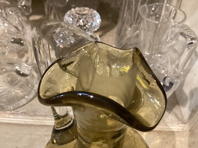 Lot 291 - Holmegaard grey tinted glass kluk kluk decanter, Art Deco purple tinted glass decanter, Art Nouveau gilded and jewelled glass decanter, pair of Vict...