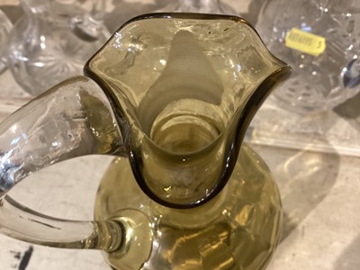 Lot 291 - Holmegaard grey tinted glass kluk kluk decanter, Art Deco purple tinted glass decanter, Art Nouveau gilded and jewelled glass decanter, pair of Vict...